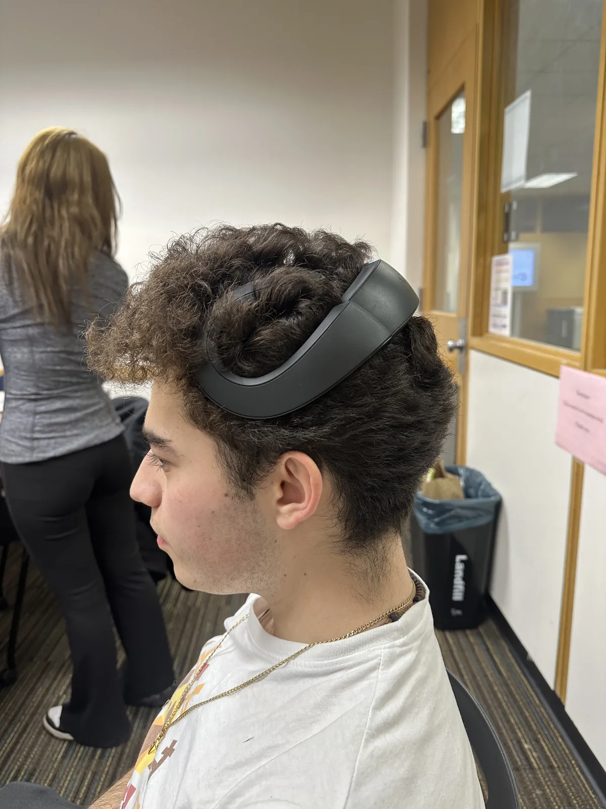 Wearing the Neurosity Crown EEG headset during a recording session